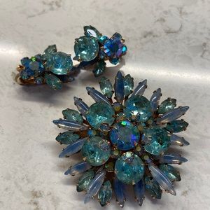 Vintage blue crystal and rhinestone pine and clip on earrings